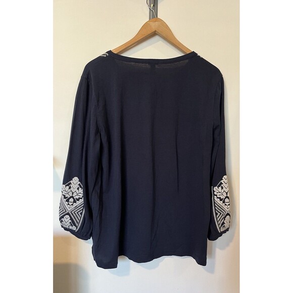 J Crew Navy White Embroidered Puff Sleeve Boho Peasant Blouse Size Medium - Picture 4 of 9